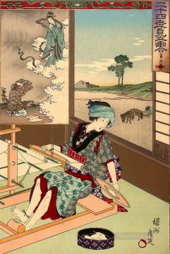 日本 Painting - 二十四を見つめて合わせ 豊原周信 織物をする女性を描く